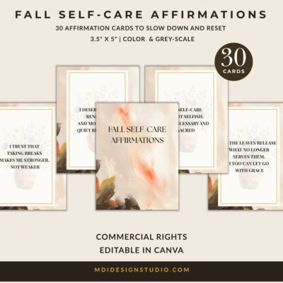 30 Fall Self-Care Affirmation Cards – Full Color + Grayscale Poster Versions