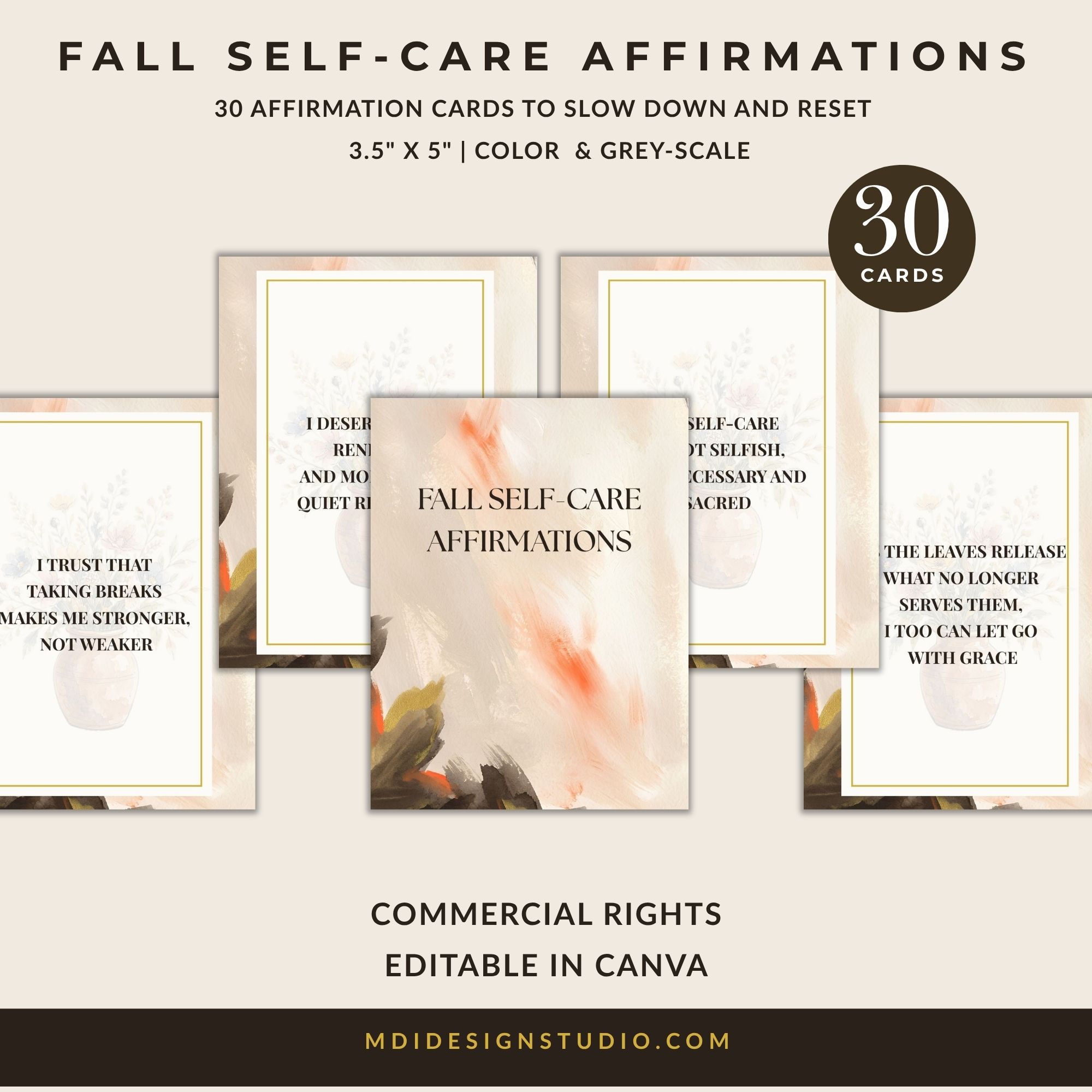 30 Fall Self-Care Affirmation Cards – Full Color + Grayscale Poster Versions
