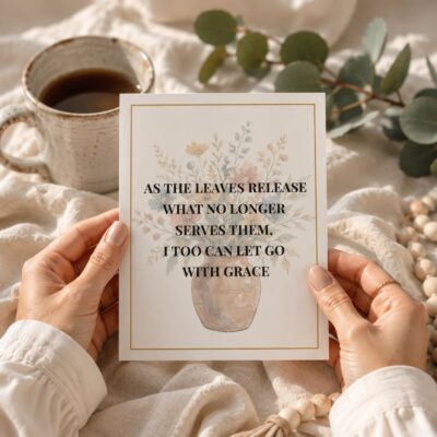 Woman holding an affirmation card in her hands