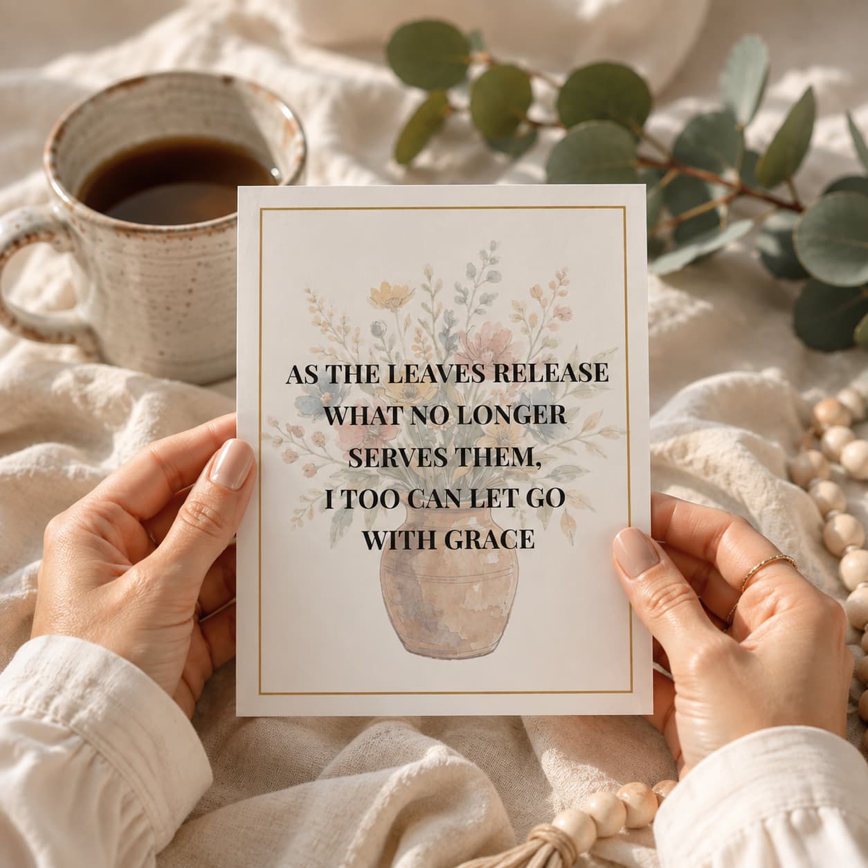 Woman holding an affirmation card in her hands