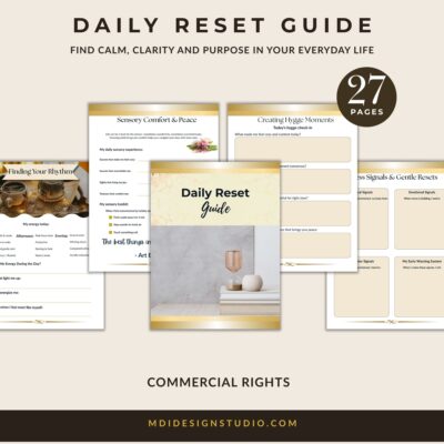 PAges of a daly reset planner for busy moms fanned on a flat surface