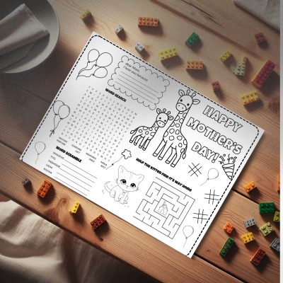 mothers day activity placemat on a wooden table with lego pieces