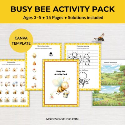 Sample pages from activities printable pack with bees