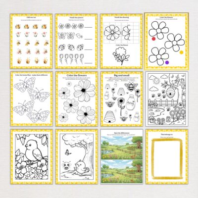 Sample pages from activity pack with bees