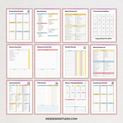 ADHD cleaning planner pages on a linen texture