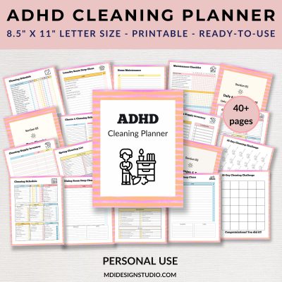 AHDD cleaning planner pages on a linen background