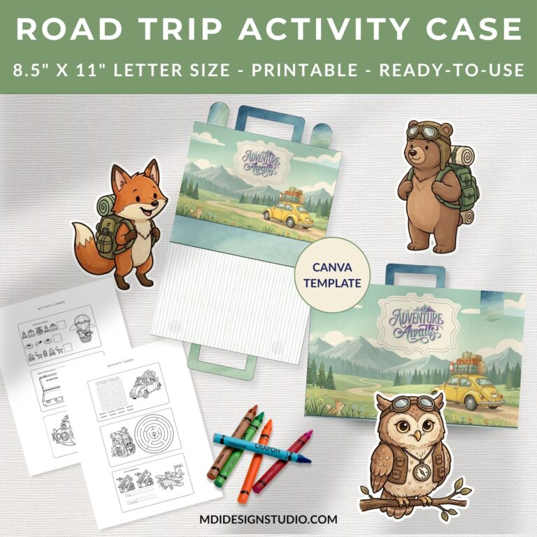 Printable road trip activity suitcase cover with vintage travel theme