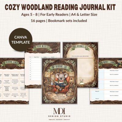 Pages from a woodland themed reading journal kit for children